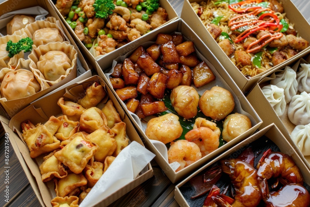 Variety of asian dishes are presented in cardboard takeaway boxes, showcasing the diversity and deliciousness of asian cuisine Variety of asian dishes are presented in cardboard takeaway boxes, showcasing the diversity and deliciousness of asian cuisine