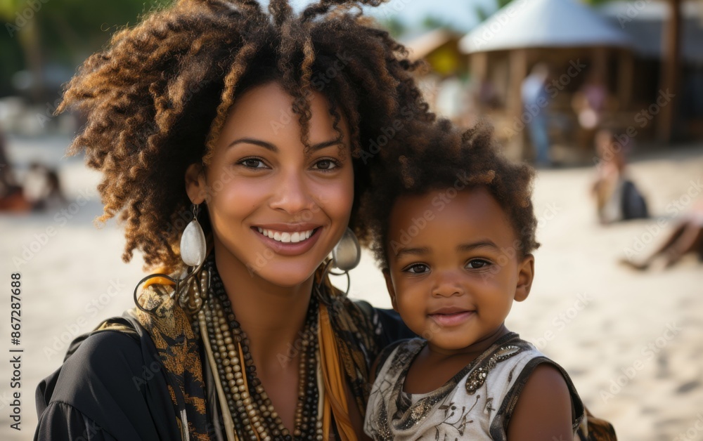 A woman and her young child smile at the camera on a sunny beach. They are both dressed in casual clothing A woman and her young child smile at the camera on a sunny beach. They are both dressed in casual clothing