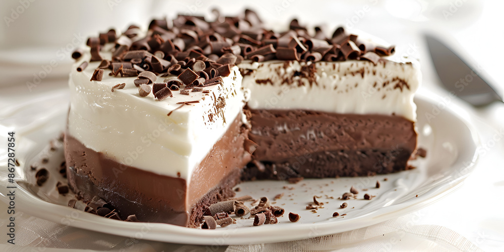 piece of chocolate cake with white cream in the middle, topped with chocolate chips. piece of chocolate cake with white cream in the middle, topped with chocolate chips.