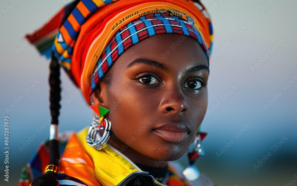 A close-up portrait of a woman wearing a colorful headscarf and earrings, looking directly at the camera A close-up portrait of a woman wearing a colorful headscarf and earrings, looking directly at the camera