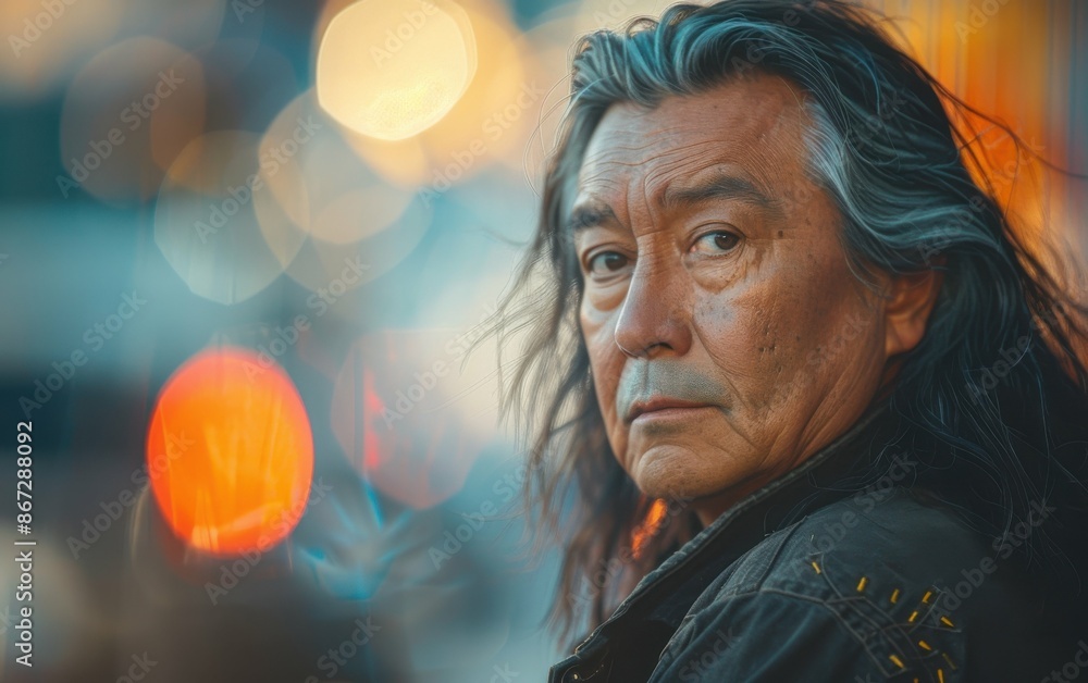 A close-up portrait of an older man with long grey hair, looking over his shoulder. He is wearing a black jacket and is standing in an urban environment at night A close-up portrait of an older man with long grey hair, looking over his shoulder. He is wearing a black jacket and is standing in an urban environment at night