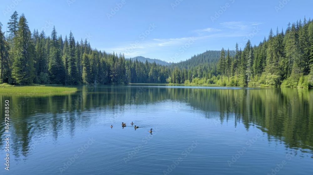 Obraz premium A pristine mountain lake surrounded by towering pine trees, with a family of ducks gliding across the calm water.