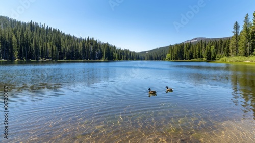 A pristine mountain lake surrounded by towering pine trees, with a family of ducks gliding across the calm water.