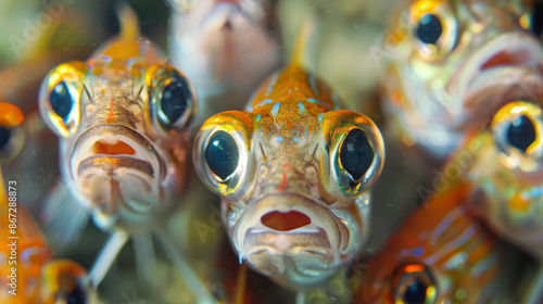 A group of fish with big eyes gaze at the camera. They all face the same way, standing together like one. The fish vary in size and swim closely to each other.