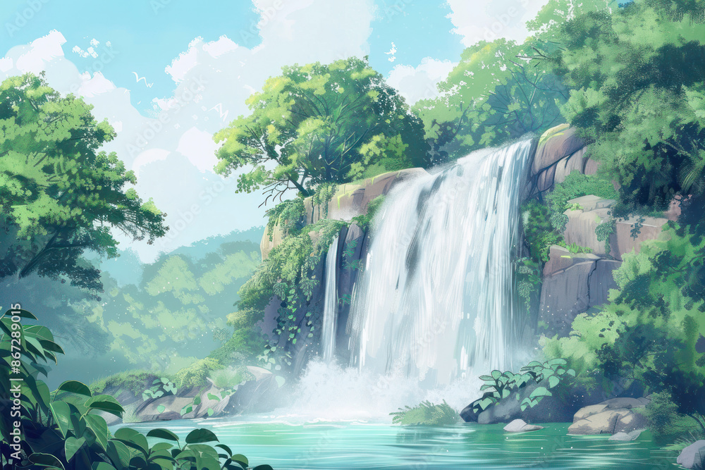Peaceful Waterfall Surrounded by Lush Greenery Under Clear Blue Sky Peaceful Waterfall Surrounded by Lush Greenery Under Clear Blue Sky