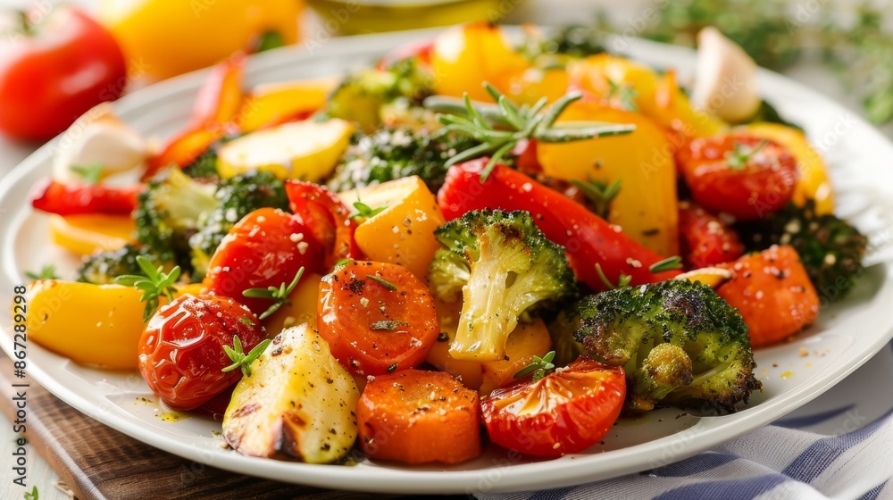 A plate of colorful roasted vegetables coated in avocado oil and es for a flavorful and nutritious side dish. A plate of colorful roasted vegetables coated in avocado oil and es for a flavorful and nutritious side dish.