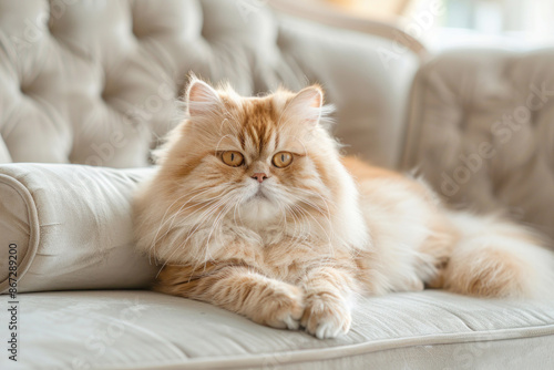 Fluffy Persian Cat on Velvet Cushion in Stylish Living Room © acambium64