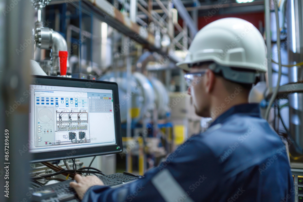 Technician Monitoring Hydrogen Gas Production via Advanced Computer Systems in High-Tech Environment Technician Monitoring Hydrogen Gas Production via Advanced Computer Systems in High-Tech Environment