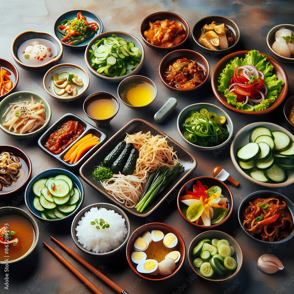 Banchan - Variety of Korean side dishes served in small plates. Banchan - Variety of Korean side dishes served in small plates.