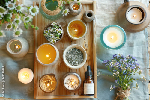 Overhead Photograph of Holistic Wellness Setup with Essential Oils, Herbal Teas, and Candles on Wooden Tray