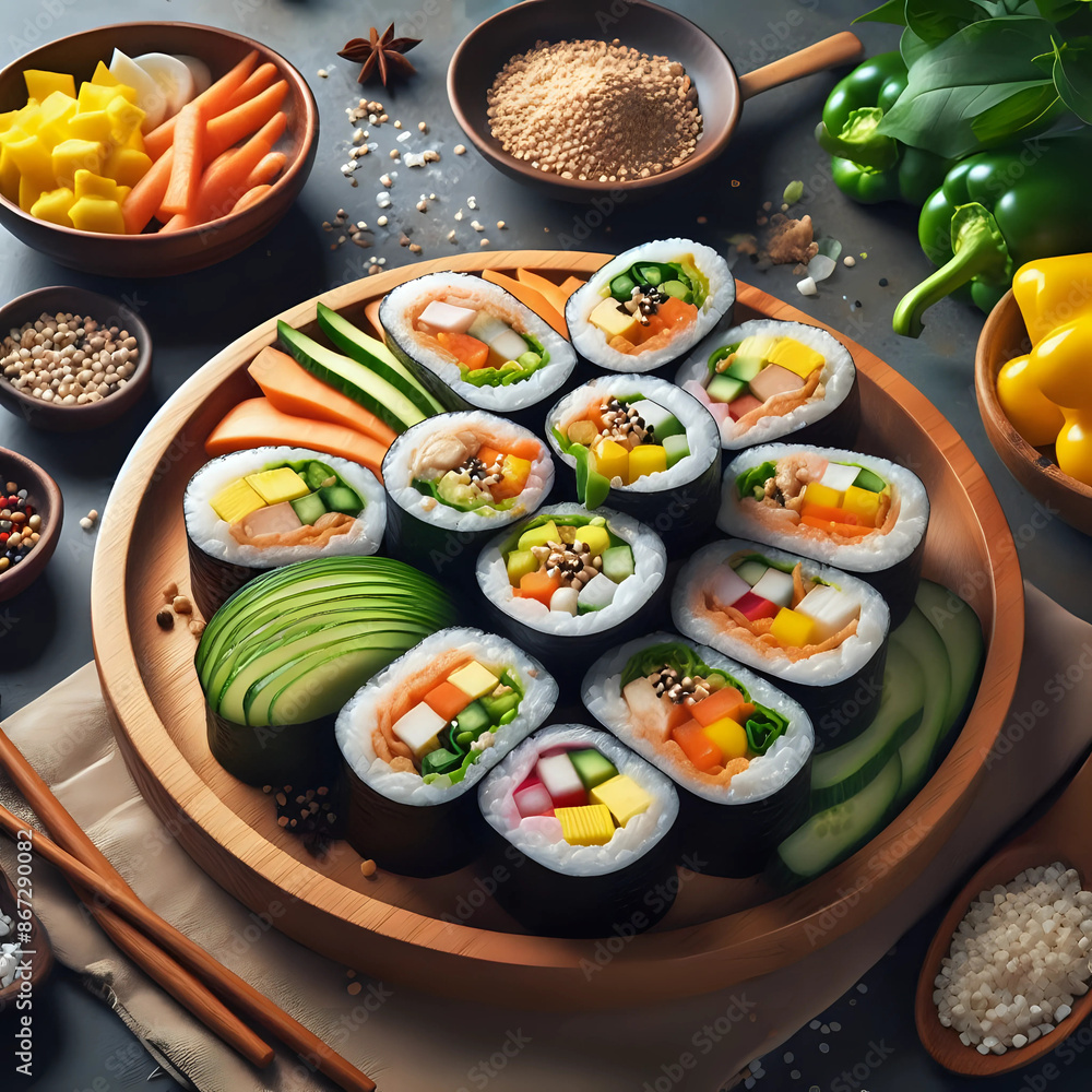 Gimbap - Rolls of gimbap with colorful fillings. Gimbap - Rolls of gimbap with colorful fillings.