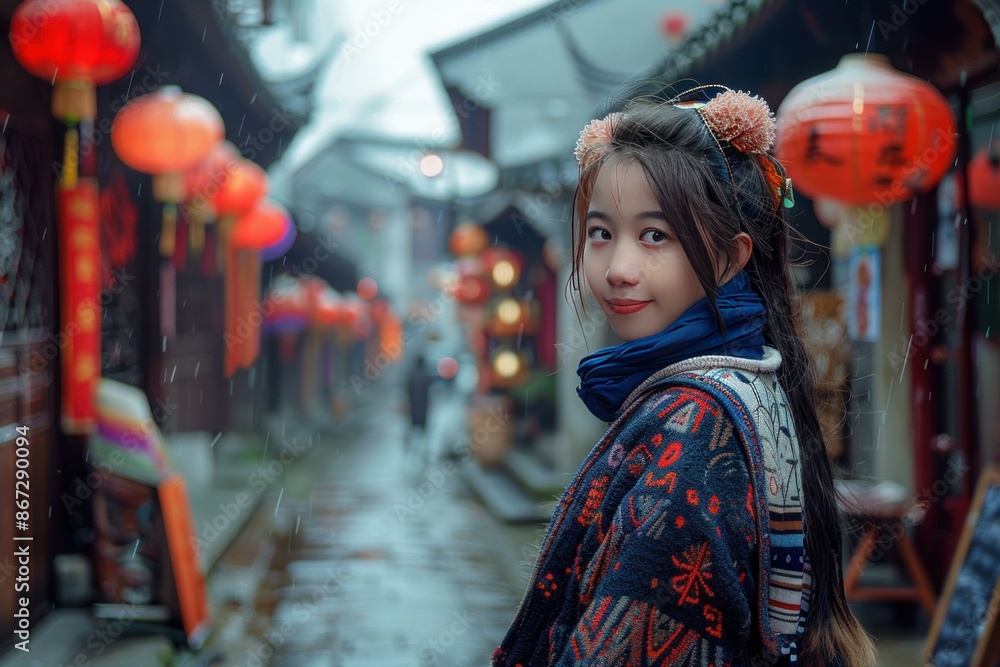 Obraz premium Young woman is enjoying the festive atmosphere of a traditional chinese market adorned with red lanterns during chinese new year