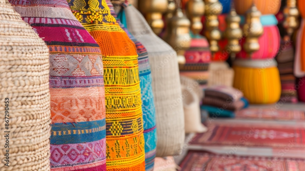 Fototapeta premium A colorful market scene in Marrakesh, with vendors selling vibrant textiles, spices, and handcrafted goods under ornate lanterns.