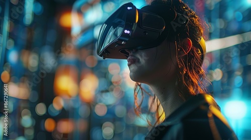 Woman Experiencing Virtual Reality in a Futuristic Setting