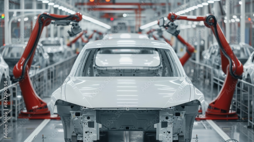 A bustling car assembly line, with robotic arms and human workers collaborating to build sleek, modern vehicles. A bustling car assembly line, with robotic arms and human workers collaborating to build sleek, modern vehicles.