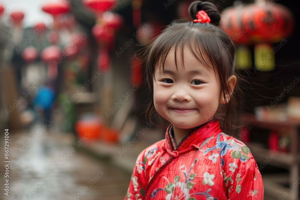 Young chinese girl smiling while wearing traditional dress in a village with red lanterns in the background Young chinese girl smiling while wearing traditional dress in a village with red lanterns in the background