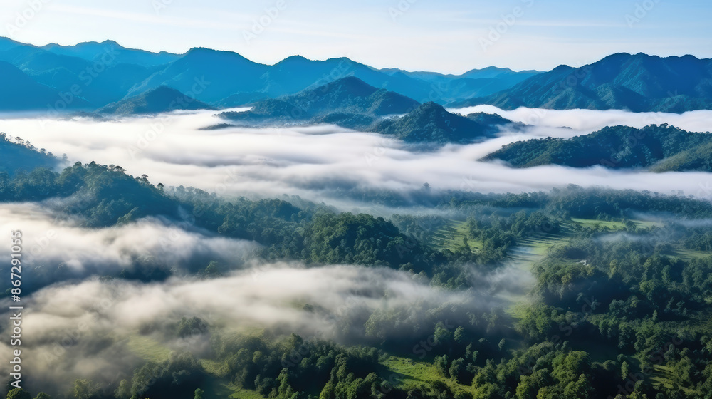 Foggy landscape in the jungle. Fog and cloud mountain tropic valley landscape. aerial view, wide misty panorama, generative ai Foggy landscape in the jungle. Fog and cloud mountain tropic valley landscape. aerial view, wide misty panorama, generative ai