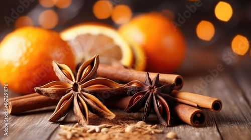 Traditional Christmas spices and dried orange slices on holiday bokeh background with defocus lights. Cinnamon sticks, star anise, pine cones and cloves. Christmas Spices Decoration, generative ai
