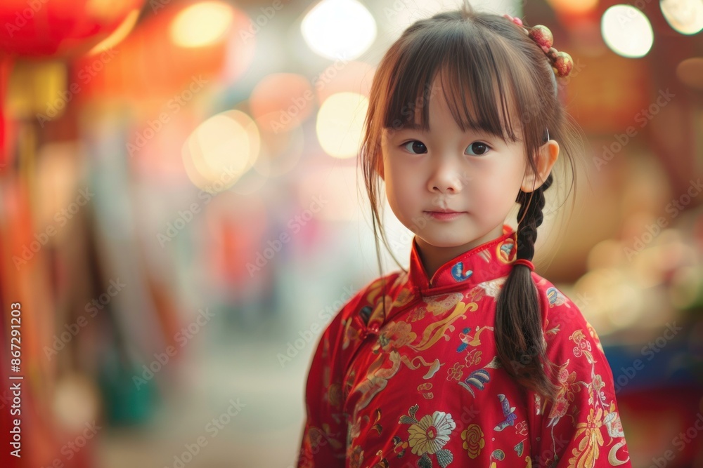 Young girl wearing traditional chinese clothing standing in front of a blurred background Young girl wearing traditional chinese clothing standing in front of a blurred background