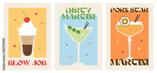 Poster drink set. Cocktail arts. Sexy drink. Retro posters with alcohol cocktails. PornStar Martini. Blow Job. Dirty Martini. 90s 80s 70s groovy posters. Modern trendy print. Drink with fruit and ice