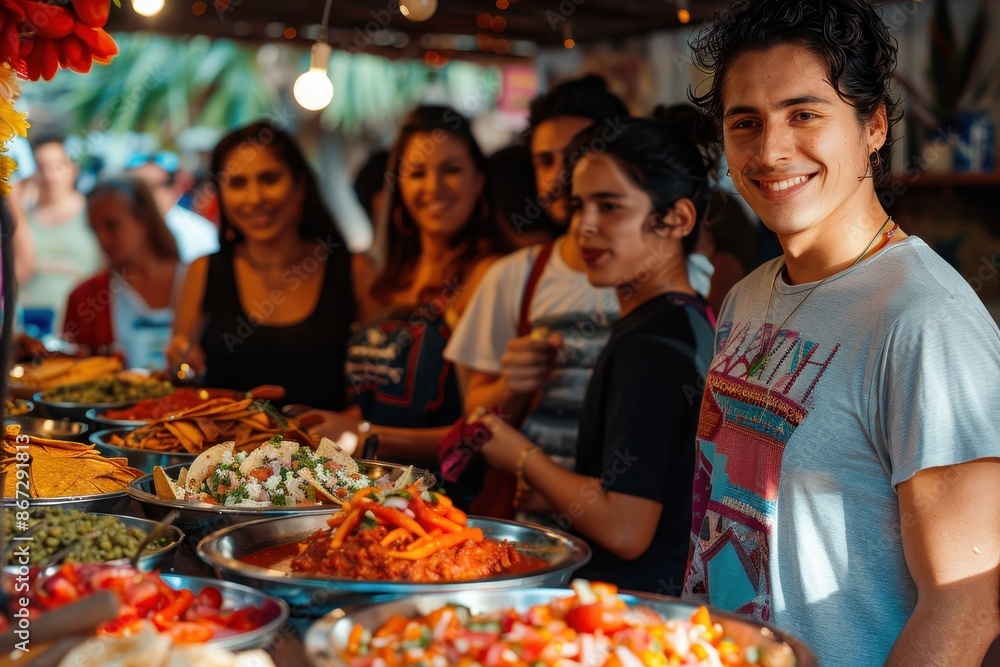 Smiling Man at a Food Stall with Friends Smiling Man at a Food Stall with Friends