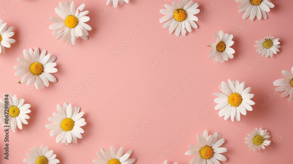 Elegant minimalism with white daisy chamomile flowers on a gentle pink background. Flat lay, top view composition ideal for summer-spring lifestyle visuals, offering generous copy space Elegant minimalism with white daisy chamomile flowers on a gentle pink background. Flat lay, top view composition ideal for summer-spring lifestyle visuals, offering generous copy space