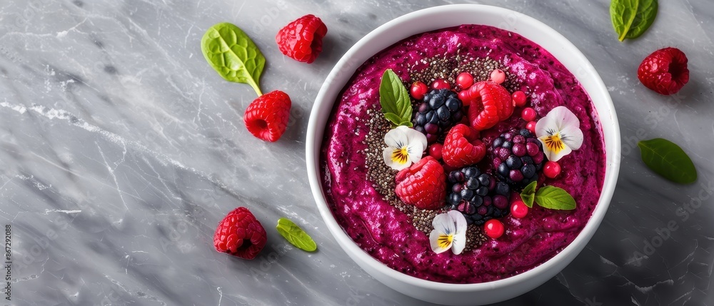 Vibrant Smoothie Bowl with Fresh Berries, Chia Seeds, and Edible Flowers on Marble Background Vibrant Smoothie Bowl with Fresh Berries, Chia Seeds, and Edible Flowers on Marble Background