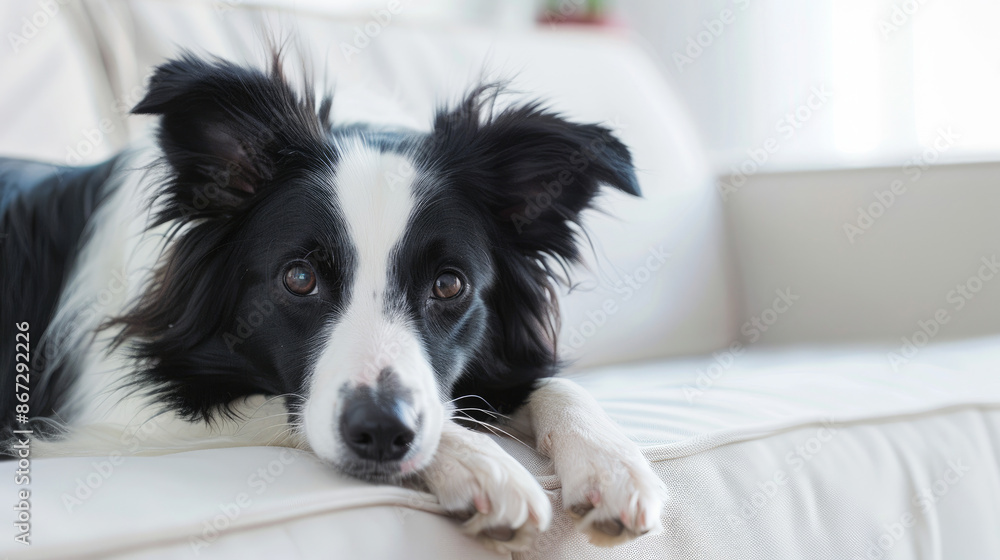 A small, black and white collie with fluffy fur is lying on a white couch in a modern room. The dog is alert and waiting for its owner to come home. A small, black and white collie with fluffy fur is lying on a white couch in a modern room. The dog is alert and waiting for its owner to come home.
