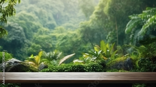 Fototapeta Naklejka Na Ścianę i Meble -  Waterfall with empty table top outdoor in tropical mountain forest greenery blurred background. Organic healthy natural product present placement counter display, nature jungle concept., generative ai