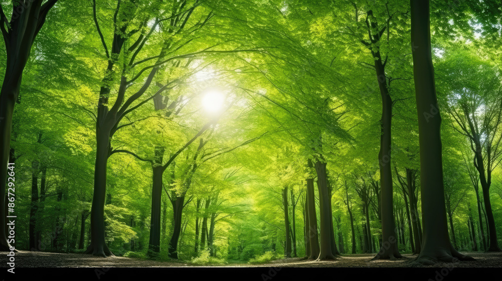 Fototapeta premium Green Forest of Beech Trees, looking up. Sun rays shining through trees, nature background. wide panoramic, generative ai