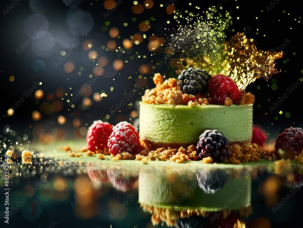 Exquisite Gourmet Dessert with Fresh Berries and Edible Gold Leaf on Reflective Surface Exquisite Gourmet Dessert with Fresh Berries and Edible Gold Leaf on Reflective Surface