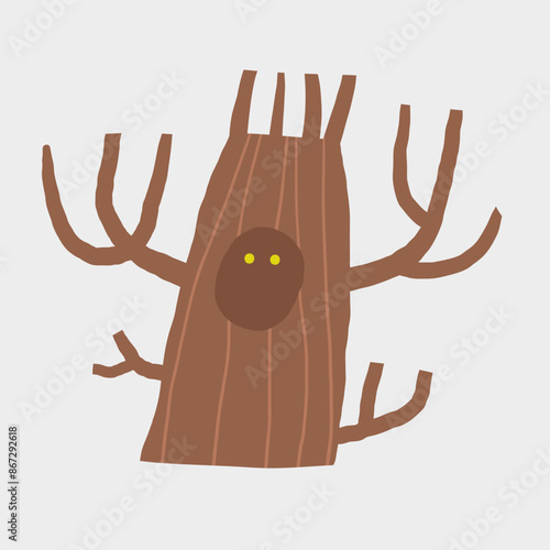 Cute morass, bog nature composition, postcard with funny hand drawn doodle dry tree with hollow and animal, bird iside. Wild pond, swamp nature t shirt print, cover, template, banner, poster print obj