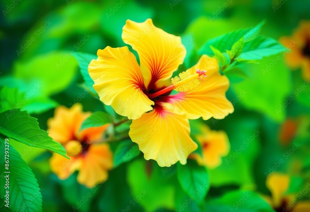A close-up of a yellow and orange Hibiscus Rosa Sinensis flower with green leaves in the background A close-up of a yellow and orange Hibiscus Rosa Sinensis flower with green leaves in the background