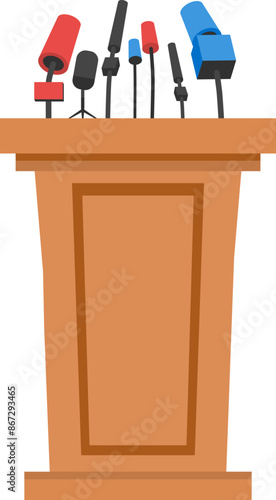 Podium for debate. Rostrum of conference. Wooden pulpit for speech. Tribune with microphone for speaker vector  illustration