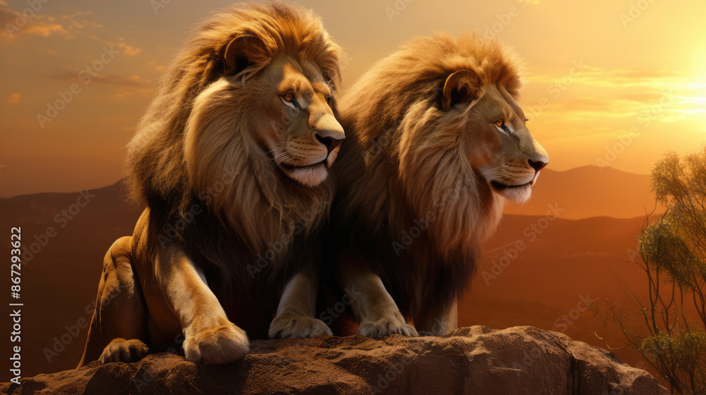 Naklejka premium Majestic African lion couple loving pride., generative ai