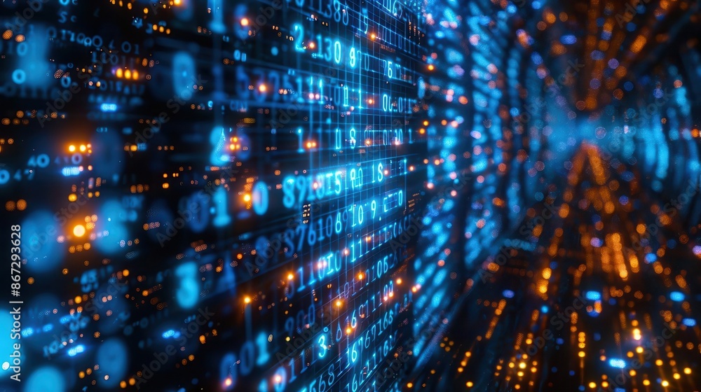 Blue digital binary data, computer screen background, glowing numbers, high resolution, immersive tech feel, bright and detailed, generative AI Blue digital binary data, computer screen background, glowing numbers, high resolution, immersive tech feel, bright and detailed, generative AI