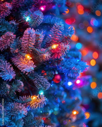 Wallpaper Mural Macro view of Christmas tree, intricate details, twinkling festive lights, vibrant colors, bright and cheerful, closeup perspective Torontodigital.ca