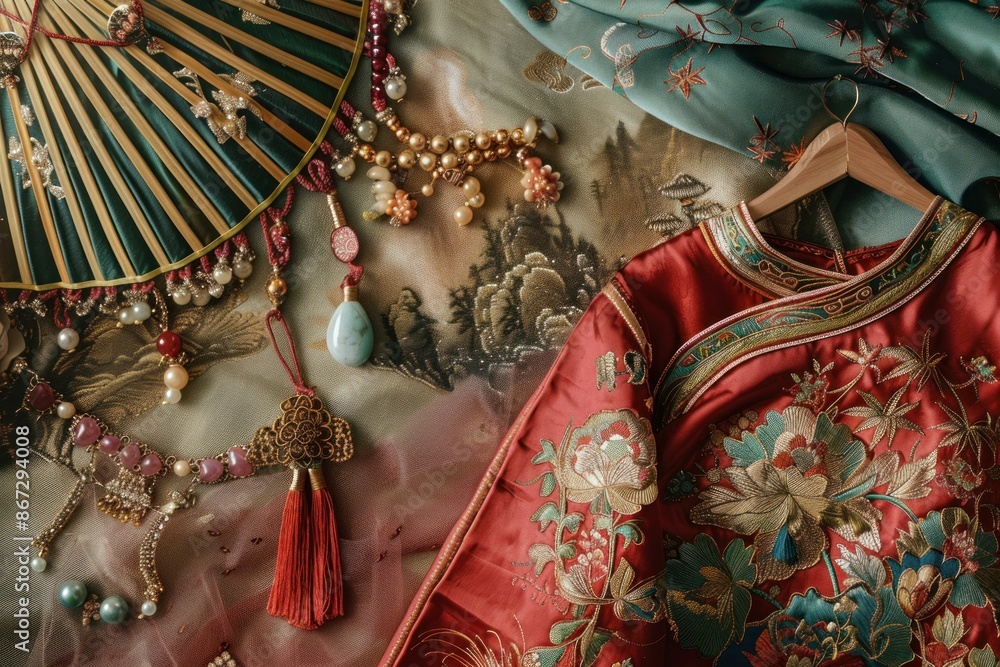 Fototapeta premium Embroidered red silk hanfu dress with gold floral patterns, displayed alongside traditional chinese accessories and jade jewelry