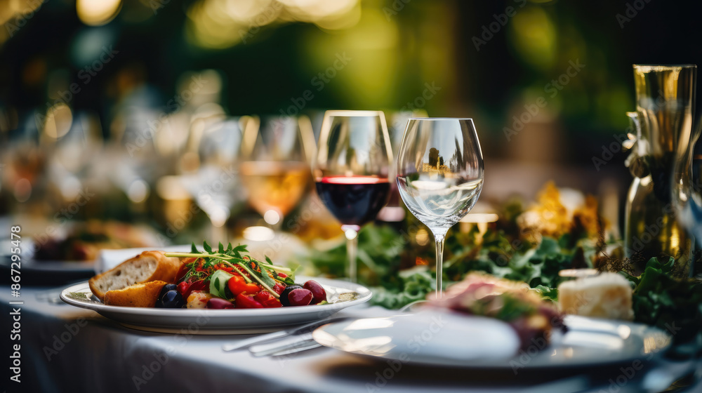 Catering services background with main dish and glasses of wine in restaurant. Blurred Restaurant table set with main dish. Use as background, generative ai Catering services background with main dish and glasses of wine in restaurant. Blurred Restaurant table set with main dish. Use as background, generative ai