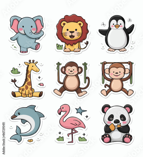 Cute Animals printable stickers clipart vector illustration set