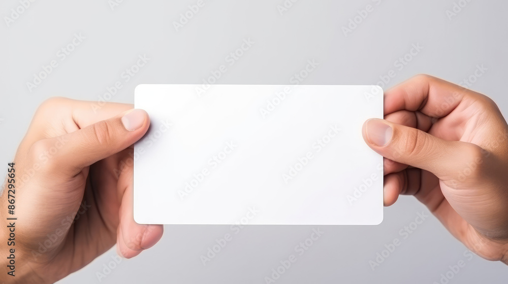 Close up of man hand holding blank advertising card on white, mock up, generative ai Close up of man hand holding blank advertising card on white, mock up, generative ai