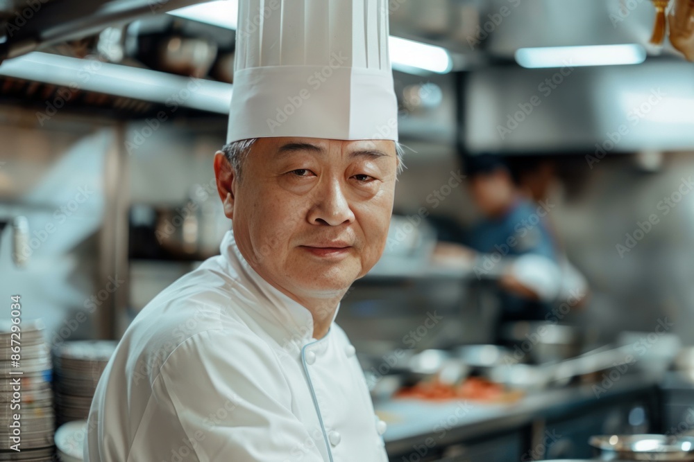 Portrait of an experienced asian chef posing in his restaurant kitchen Portrait of an experienced asian chef posing in his restaurant kitchen