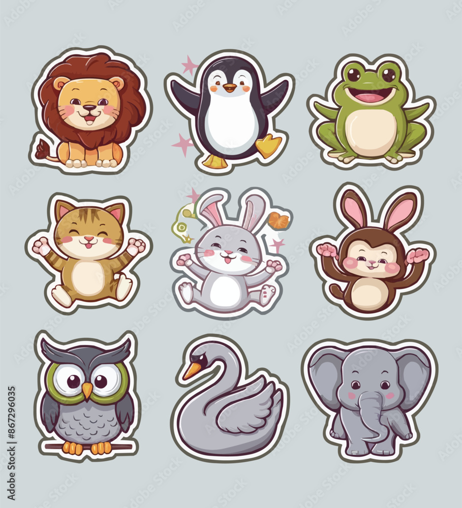 Obraz premium Cute Animals printable stickers clipart vector illustration set