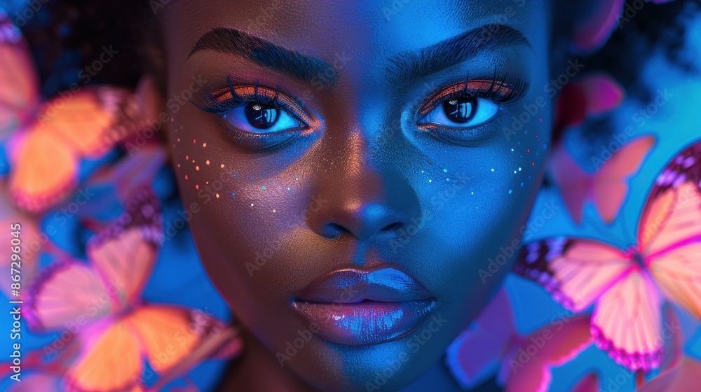 Obraz premium fashionable afro woman in neon light