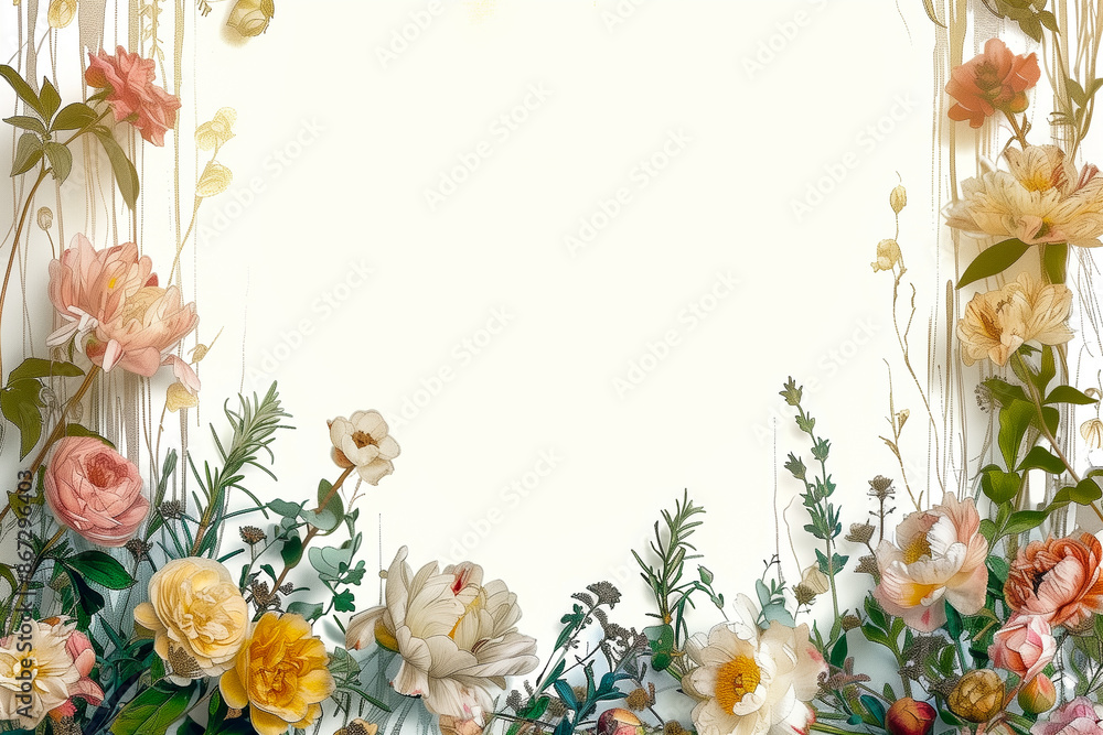 Fototapeta premium Beautiful floral frames featuring various flowers and greenery against a soft, light background, perfect for elegant designs. empty space for text.