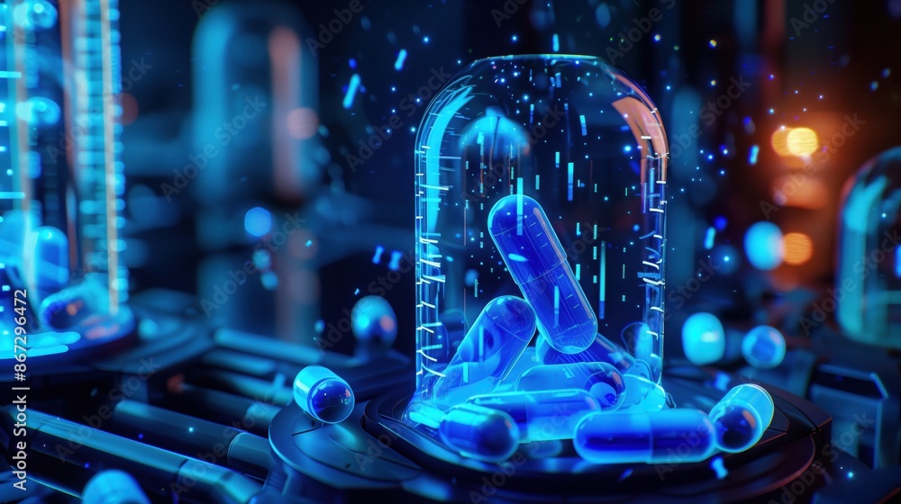 Obraz premium Futuristic Blue Pills in a Laboratory Setting.