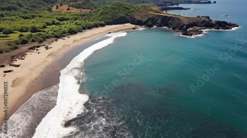 Panorama of black volcanic beach. Aerial view and top view. Beautiful natural backdrop., generative ai