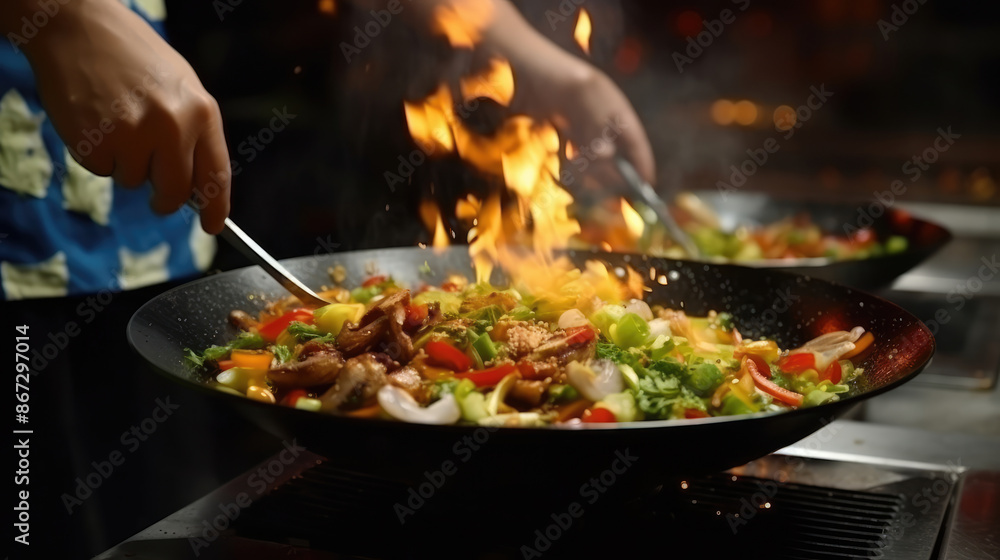 Chef hands keep wok with fire. Closeup chef hands cook food with fire. Chef man burn food at professional kitchen., generative ai Chef hands keep wok with fire. Closeup chef hands cook food with fire. Chef man burn food at professional kitchen., generative ai