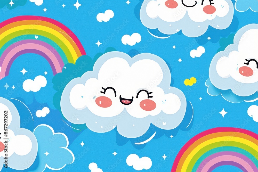 Happy Clouds and Rainbow Cartoon Illustration Happy Clouds and Rainbow Cartoon Illustration