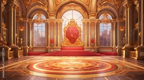 A realistic fantasy interior of the royal palace. golden red palace. castle interior. Fiction Backdrop. concept art., generative ai